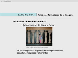 Principios de reconocimiento:
- Determinación de figura y fondo
LA PERCEPCIÓN Principios formadores de la imagen.
LA PERCEPCIÓN
En un configuración izquierda-derecha pueden darse
estructuras recíprocas y alternantes.
Human Pillars, The exploratorium. San Francisco
 
