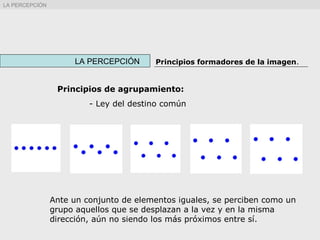 Principios de agrupamiento:
- Ley del destino común
Ante un conjunto de elementos iguales, se perciben como un
grupo aquellos que se desplazan a la vez y en la misma
dirección, aún no siendo los más próximos entre sí.
LA PERCEPCIÓN Principios formadores de la imagen.
LA PERCEPCIÓN
 