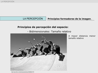 LA PERCEPCIÓN Principios formadores de la imagen.
LA PERCEPCIÓN
Principios de percepción del espacio:
- Bidimensionales: Tamaño relativo
http://www.flickr.com/photos/zainedriscoll/3086403178
A mayor distancia menor
tamaño relativo
 