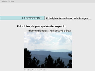 LA PERCEPCIÓN Principios formadores de la imagen.
LA PERCEPCIÓN
Principios de percepción del espacio:
- Bidimensionales: Perspectiva aérea
Serra da Estrela, Portugal. Joaquim Alves Gaspar
 