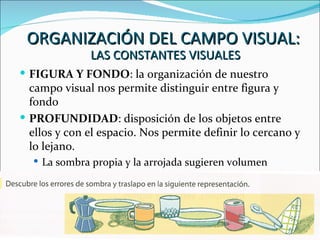 ORGANIZACIÓN DEL CAMPO VISUAL:
              LAS CONSTANTES VISUALES
 FIGURA Y FONDO: la organización de nuestro
  campo visual nos permite distinguir entre figura y
  fondo
 PROFUNDIDAD: disposición de los objetos entre
  ellos y con el espacio. Nos permite definir lo cercano y
  lo lejano.
   La sombra propia y la arrojada sugieren volumen
   La superposición o traslapo sugiere la posición relativa
    entre objetos.
 