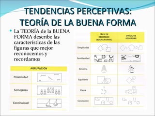 TENDENCIAS PERCEPTIVAS:
   TEORÍA DE LA BUENA FORMA
 La TEORÍA de la BUENA
 FORMA describe las
 características de las
 figuras que mejor
 reconocemos y
 recordamos
 