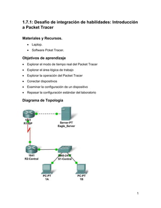 1
1.7.1: Desafío de integración de habilidades: Introducción
a Packet Tracer
Materiales y Recursos.
 Laptop.
 Software Pcket Tracer.
Objetivos de aprendizaje
 Explorar el modo de tiempo real del Packet Tracer
 Explorar el área lógica de trabajo
 Explorar la operación del Packet Tracer
 Conectar dispositivos
 Examinar la configuración de un dispositivo
 Repasar la configuración estándar del laboratorio
Diagrama de Topología
 