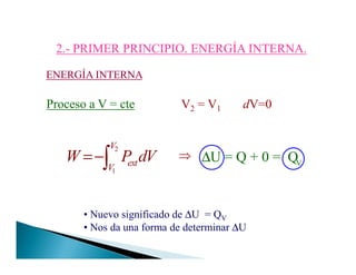 Proceso a V = cte V2 = V1 dV=0
2.2.-- PRIMER PRINCIPIO. ENERGÍA INTERNA.PRIMER PRINCIPIO. ENERGÍA INTERNA.
ENERGÍA INTERNAENERGÍA INTERNA
v
∆U = Q + 0 = Q⇒
• Nuevo significado de ∆U = QV
• Nos da una forma de determinar ∆U
2
1
V
extV
W P dV=−∫ V
 