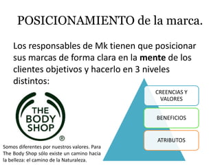 POSICIONAMIENTO de la marca.
    Los responsables de Mk tienen que posicionar
    sus marcas de forma clara en la mente de los
    clientes objetivos y hacerlo en 3 niveles
    distintos:
                                              CREENCIAS Y
                                               VALORES


                                              BENEFICIOS


                                              ATRIBUTOS
Somos diferentes por nuestros valores. Para
The Body Shop sólo existe un camino hacia
la belleza: el camino de la Naturaleza.
 