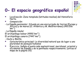 0- El espacio geográfico español
 Localización: Zona templada (latitudes medias) del Hemisferio
Norte.
 Composición:
- La España peninsular: Situada en una encrucijada de tierras (Europa y
África) y de mares (O. Atlántico y M. Mediterráneo) (493.516
km²)
- La España insular
El archipiélago balear (4992 km²)
El archipiélago canario (7447 km²)
- Ceuta y Melilla
 Característica principal: La diversidad natural que da lugar a una
pluralidad de paisajes humanos
 Ejercicio: Señala el punto más septentrional, meridional, oriental y
occidental de España y de la península respectivamente. (utiliza el
mapa de la página 25)
 
