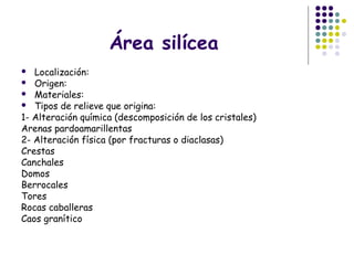 Área silícea
 Localización:
 Origen:
 Materiales:
 Tipos de relieve que origina:
1- Alteración química (descomposición de los cristales)
Arenas pardoamarillentas
2- Alteración física (por fracturas o diaclasas)
Crestas
Canchales
Domos
Berrocales
Tores
Rocas caballeras
Caos granítico
 