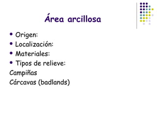 Área arcillosa
 Origen:
 Localización:
 Materiales:
 Tipos de relieve:
Campiñas
Cárcavas (badlands)
 