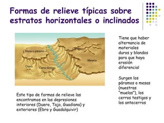 Formas de relieve típicas sobre
estratos horizontales o inclinados
Tiene que haber
alternancia de
materiales
duros y blandos
para que haya
erosión
diferencial
Surgen los
páramos o mesas
(nuestras
“muelas”), los
cerros testigos y
los antecerros
Este tipo de formas de relieve las
encontramos en las depresiones
interiores (Duero, Tajo, Guadiana) y
exteriores (Ebro y Guadalquivir)
 