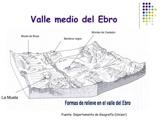 Valle medio del Ebro
Bardena negra
Muela de Borja
La Muela
Montes de Castejón
Fuente: Departamento de Geografía (Unizar)
 