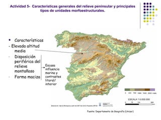 Actividad 5- Características generales del relieve peninsular y principales
tipos de unidades morfoestructurales.
 Características
- Elevada altitud
media
- Disposición
periférica del
relieve
montañoso
- Forma maciza
Fuente: Departamento de Geografía (Unizar)
Escasa
influencia
marina y
contrastes
litoral/
interior
 
