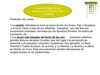 Presentan dos zonas:
1.La central, articulada en torno al cauce de los ríos Duero, Tajo y Guadiana
y al curso medio y bajo de sus afluentes: “campiñas”, que son llanuras
suavemente onduladas, formadas por los depósitos fluviales, los lechos de
inundación, etc.
2.Las zonas más alejadas del lecho de los ríos presentan páramos:
grandes llanuras elevadas (muelas), que dan lugar a la percepción de
serranías o de pequeños conjuntos montañosos. Son ejemplos: La Nava,
Peñafiel o Tudela de Duero, en el norte, y La Mancha, La Alcarria y la Mesa
de Ocaña, en el sur. Esta zona presentan también alineaciones de
conglomerados en los piedemontes.
Zonas orientales de las
depresiones del Duero, Tajo
y Guadiana
 