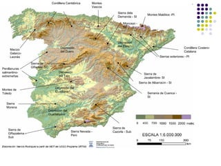 Macizo
Galaico-
Leonés
Cordillera Cantábrica Montes
Vascos
Sierra
Morena
Depresión
del Duero
Penillanuras
salmantino-
extremeñas
Sierra dela
Demanda - SI
Moncayo -
SI
Serranía de Cuenca -
SI
Sierra de Albarracín - SI
Sierra de
GRedos- SC
Sierra de
Javalambre- SI
Montes Malditos -PI
Sierras exteriores - PI
Depresión
del Ebro
Depresión
del Tajo
Depresión del
Guadiana
Sierra de
GRazalema -
Sub
Sierra de
Cazorla - SubSierra Nevada -
Peni
Depresión del
Guadalquivir
Cordillera Costero-
Catalana
Montes de
Toledo
 
