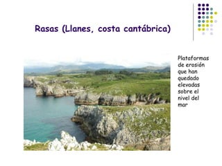 Rasas (Llanes, costa cantábrica)
Plataformas
de erosión
que han
quedado
elevadas
sobre el
nivel del
mar
 