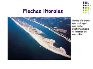 Flechas litorales
Barras de arena
que prolongan
una costa
rectilínea hacia
el interior de
una bahía.
 
