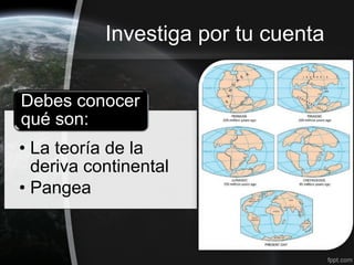 Investiga por tu cuenta


Debes conocer
qué son:
• La teoría de la
  deriva continental
• Pangea
 