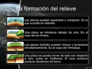 La formación del relieve
   Las placas pueden separarse y romperse. Es lo
   que sucede en Islandia.


   Una placa se introduce debajo de otra. Es el
   caso de los Andes.


   Las placas también pueden chocar y levantarse
   simultáneamente. Es el caso del Himalaya.

   Una placa se puede mover de lado con respecto
   a otra, como en California. El roce continuo
   produce temblores de tierra.
 