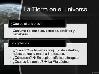 1.1. La Tierra en el universo

¿Qué es el universo?

• Conjunto de planetas, estrellas, satélites y
  nebulosas.

Las galaxias

• ¿Qué son?  Inmenso conjunto de estrellas,
  nubes de gas y materia interestelar.
• ¿Cómo son?  En espiral, elíptica o irregular
• ¿Cuál es la nuestra?  La Vía Láctea
 