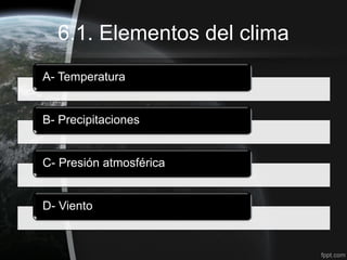 6.1. Elementos del clima
A- Temperatura


B- Precipitaciones


C- Presión atmosférica


D- Viento
 