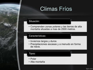 Climas Fríos
Situación:

• Comprenden zonas polares y las tierras de alta
  montaña situadas a mas de 2500 metros.

Características:

• Inviernos largos y duros
• Precipitaciones escasas y a menudo en forma
  de nieve.

Tipos:

• Polar
• Alta montaña
 