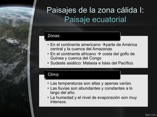 Paisajes de la zona cálida I:
     Paisaje ecuatorial
Zonas:

• En el continente americano parte de América
  central y la cuenca del Amazonas
• En el continente africano  costa del golfo de
  Guinea y cuenca del Congo
• Sudeste asiático: Malasia e Islas del Pacífico.

Clima:

• Las temperaturas son altas y apenas varían.
• Las lluvias son abundantes y constantes a lo
  largo del año.
• La humedad y el nivel de evaporación son muy
  intensos.
 