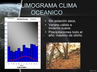 CLIMOGRAMA CLIMA
    OCEANICO
       • Sin estación seca.
       • Verano cálido e
         invierno suave.
       • Precipitaciones todo el
         año: máximo de otoño.
 