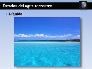 Estados del agua terrestre 
• Líquido 
 