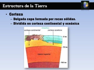 Estructura de la Tierra 
• Corteza 
– Delgada capa formada por rocas sólidas. 
– Dividida en corteza continental y oceánica 
 