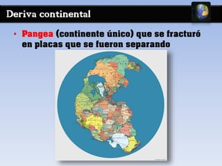 Deriva continental 
• Pangea (continente único) que se fracturó 
en placas que se fueron separando 
 