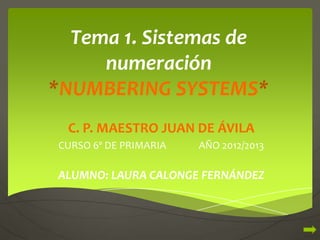 Tema 1. Sistemas de
     numeración
*NUMBERING SYSTEMS*
 C. P. MAESTRO JUAN DE ÁVILA
CURSO 6º DE PRIMARIA   AÑO 2012/2013

ALUMNO: LAURA CALONGE FERNÁNDEZ
 