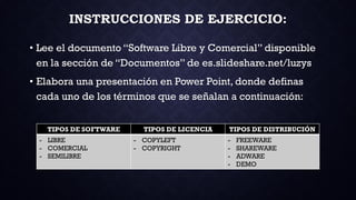 INSTRUCCIONES DE EJERCICIO:
• Lee el documento “Software Libre y Comercial” disponible
en la sección de “Documentos” de es.slideshare.net/luzys
• Elabora una presentación en Power Point, donde definas
cada uno de los términos que se señalan a continuación:
TIPOS DE SOFTWARE TIPOS DE LICENCIA TIPOS DE DISTRIBUCIÓN
- LIBRE
- COMERCIAL
- SEMILIBRE
- COPYLEFT
- COPYRIGHT
- FREEWARE
- SHAREWARE
- ADWARE
- DEMO
 