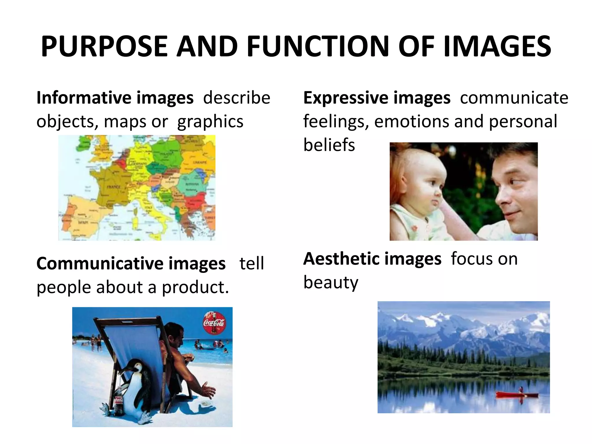 PURPOSE AND FUNCTION OF IMAGES
Informative images describe
objects, maps or graphics
Communicative images tell
people about a product.
Expressive images communicate
feelings, emotions and personal
beliefs
Aesthetic images focus on
beauty
 