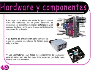 Hardware y componentes La  caja  es la estructura sobre la que e colocan todos los elementos. En la parte delantera se encuentran los  elementos de mano  y  señalización  y las unidades de disco y en la parte trasera están todas las conexiones del ordenador. La  fuente de alimentación  este elemento es el que se encarga de adaptar la tensión para poderla utilizar. Los  ventiladores,  casi todos los componentes del ordenador generan calor, por eso las cajas incorporan un ventilador para impedir que este se queme.   