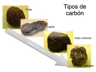 Tipos de carbón Turba Antracita Hulla o bitumen Lignito Cantidad de carbono 