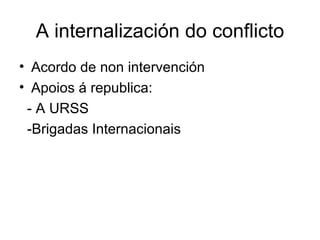 A internalización do conflicto Acordo de non intervención Apoios á republica: - A URSS -Brigadas Internacionais 