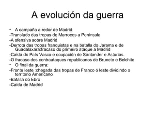 A evolución da guerra A campaña a redor de Madrid: -Translado das tropas de Marrocos a Península -A ofensiva sobre Madrid -Derrota das tropas franquistas e na batalla do Jarama e de Guadalaxara:fracaso do primeiro ataque a Madrid -Caída do País Vasco e ocupación de Santander e Asturias. -O fracaso dos contraataques republicanos de Brunete e Belchite O final da guerra: -Fronte leste :chegada das tropas de Franco ó leste dividindo o territorio Americano -Batalla do Ebro -Caída de Madrid  
