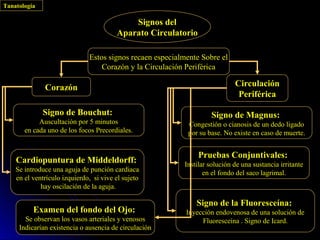 Tanatología

                                            Signos del
                                        Aparato Circulatorio

                              Estos signos recaen especialmente Sobre el
                                  Corazón y la Circulación Periférica

              Corazón                                                       Circulación
                                                                             Periférica

              Signo de Bouchut:                                    Signo de Magnus:
            Auscultación por 5 minutos                     Congestión o cianosis de un dedo ligado
       en cada uno de los focos Precordiales.              por su base. No existe en caso de muerte.


                                                               Pruebas Conjuntivales:
    Cardiopuntura de Middeldorff:                         Instilar solución de una sustancia irritante
    Se introduce una aguja de punción cardiaca                   en el fondo del saco lagrimal.
    en el ventrículo izquierdo, si vive el sujeto
             hay oscilación de la aguja.

                                                              Signo de la Fluoresceína:
          Examen del fondo del Ojo:                        Inyección endovenosa de una solución de
       Se observan los vasos arteriales y venosos               Fluoresceína . Signo de Icard.
     Indicarían existencia o ausencia de circulación
 