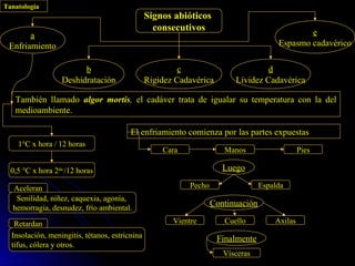 Tanatología
                                                Signos abióticos
                                                  consecutivos                                  e
       a
 Enfriamiento                                                                           Espasmo cadavérico

                        b                                c                         d
                  Deshidratación                Rigidez Cadavérica        Lividez Cadavérica

   También llamado algor mortis, el cadáver trata de igualar su temperatura con la del
   medioambiente.

                                         El enfriamiento comienza por las partes expuestas
    1°C x hora / 12 horas
                                                    Cara               Manos                    Pies

  0,5 °C x hora 2da /12 horas                                          Luego

  Aceleran                                                  Pecho                  Espalda
   Senilidad, niñez, caquexia, agonía,
  hemorragia, desnudez, frío ambiental.
                                                                    Continuación

   Retardan                                            Vientre         Cuello          Axilas
  Insolación, meningitis, tétanos, estricnina                        Finalmente
  tifus, cólera y otros.
                                                                       Vísceras
 