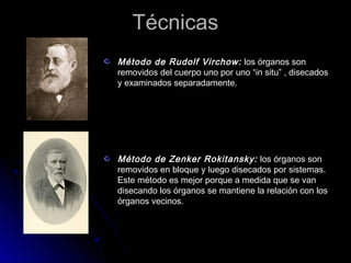Técnicas
Método de Rudolf Virchow: los órganos son
removidos del cuerpo uno por uno “in situ” , disecados
y examinados separadamente.




Método de Zenker Rokitansky: los órganos son
removidos en bloque y luego disecados por sistemas.
Este método es mejor porque a medida que se van
disecando los órganos se mantiene la relación con los
órganos vecinos.
 