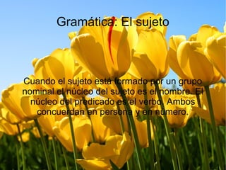 Gramática: El sujeto
Cuando el sujeto está formado por un grupo
nominal el núcleo del sujeto es el nombre. El
núcleo del predicado es el verbo. Ambos
concuerdan en persona y en número.
 