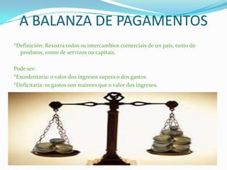 A BALANZA DE PAGAMENTOS
*Definición: Rexistra todos os intercambios comerciais de un país, tanto de
produtos, como de servizos ou capitais.
Pode ser:
*Excedentaria: o valor dos ingresos supera o dos gastos.
*Deficitaria: os gastos son maiores que o valor dos ingresos.
 