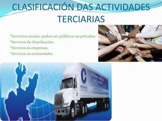 CLASIFICACIÓN DAS ACTIVIDADES
TERCIARIAS
*Servicios sociais: poden ser públicos ou privados.
*Servizos de distribución.
*Servizos ás empresas.
*Servizos ao consumidor.
 