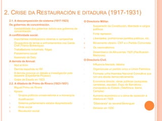 2. CRISE DA RESTAURACIÓN E DITADURA (1917-1931)
2.1. A descomposición do sistema (1917-1923)
Os gobernos de concentración.
- Inestabilidade dos gobernos debido aos gobernos de
concentración.
A conflitividade social.
- Importantes mobilizacións obreiras e campesiñas
- Ocupacións de terras e enfrontamentos coa Garda
Civil (Trienio Bolxevique)
- Traballadores industriais, folgas
- Pistoleirismo social
- Asasinato de Dato
A derrota de Annual.
- Abd el Krim
- Derrota española no Rif
- A derrota provoca un debate e investigación pola
desastre (Expediente Picasso)
- Golpe de Estado en 1923
2.2. A ditadura de Primo de Rivera (1923-1931)
- Miguel Primo de Rivera
- Apoios:
1. Grupos políticos conservadores e a monarquía
- Xustificación:
1. Sistema parlamentario estaba desprestixiado
2. Orde social
3. Revolución social
O Directorio Militar.
- Suspensión da Constitución, liberdade e cargos
políticos
- Forte represion:
1. Liberdades: prohibíronse partidos políticos, etc.
2. Movemento obreiro: CNT e o Partido Comunista
3. Os nacionalismos
- Desembarco de Alhucemas 1925 (Pacificación
Marrocos)
O Directorio Civil.
- Influencia fascista, italiana
- Organizouse un partido único a Unión Patriótica
- Fórmase unha Asemlea Nacional Consultiva que
non era elixida democraticamente
- Economía dirixida: obras públicas (autopistas,
carreteras, escolas), Expo de Barcelona ,
monopolios do Estado (Telefónica, Iberia,
Campsa)
- Aumento económico e o clima de oposición á
ditadura en 1929
- “Ditabranda” do xeneral Berenguer
- Dimisión en 1930
 
