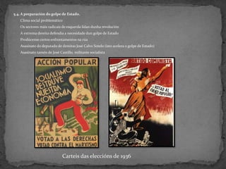 5.4. A preparación do golpe de Estado.
- Clima social problemático
- Os sectores máis radicais de esquerda falan dunha revolución
- A extrema dereita defendía a necesidade dun golpe de Estado
- Prodúcense certos enfrontamentos na rúa
- Asasinato do deputado de dereitas José Calvo Sotelo (isto acelera o golpe de Estado)
- Asasinato tamén de José Castillo, militante socialista
Carteis das eleccións de 1936
 