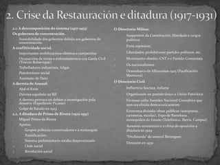 2.1. A descomposición do sistema (1917-1923)
Os gobernos de concentración.
- Inestabilidade dos gobernos debido aos gobernos de
concentración.
A conflitividade social.
- Importantes mobilizacións obreiras e campesiñas
- Ocupacións de terras e enfrontamentos coa Garda Civil
(Trienio Bolxevique)
- Traballadores industriais, folgas
- Pistoleirismo social
- Asasinato de Dato
A derrota de Annual.
- Abd el Krim
- Derrota española no Rif
- A derrota provoca un debate e investigación pola
desastre (Expediente Picasso)
- Golpe de Estado en 1923
2.2. A ditadura de Primo de Rivera (1923-1931)
- Miguel Primo de Rivera
- Apoios:
1. Grupos políticos conservadores e a monarquía
- Xustificación:
1. Sistema parlamentario estaba desprestixiado
2. Orde social
3. Revolución social
O Directorio Militar.
- Suspensión da Constitución, liberdade e cargos
políticos
- Forte represion:
1. Liberdades: prohibíronse partidos políticos, etc.
2. Movemento obreiro: CNT e o Partido Comunista
3. Os nacionalismos
- Desembarco de Alhucemas 1925 (Pacificación
Marrocos)
O Directorio Civil.
- Influencia fascista, italiana
- Organizouse un partido único a Unión Patriótica
- Fórmase unha Asemlea Nacional Consultiva que
non era elixida democraticamente
- Economía dirixida: obras públicas (autopistas,
carreteras, escolas), Expo de Barcelona ,
monopolios do Estado (Telefónica, Iberia, Campsa)
- Aumento económico e o clima de oposición á
ditadura en 1929
- “Ditabranda” do xeneral Berenguer
- Dimisión en 1930
 