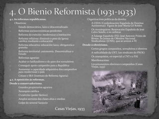 4.1. As reformas republicanas.
- Obxetivos:
1. Estado democrático, laico e descentralizado
2. Reformas socioeconómicas pendentes
- Reforma do exército: modernizar a institución
- Reforma relixiosa: diminuír o peso da Igrexa
católica mediante a educación
- Reforma educativa: educación laica, obrigatoria e
gratuíta
- Reforma territorial: autonomía. Descentralizar o
Estado
- Reformas agrarias:
1. Acabar co latifundismo e do paro dos xornaleiros
2. Conseguir apoio campesiño para a República
3. Aumentar a capacidade adquisitiva dos campesiños
para modernizar o país
- Créase o IRA (Instituto de Reforma Agraria)
4.2. A oposición ás reformas.
Desde o conservadorismo.
- Grandes propietarios agrarios
- Xerarquía católica
- O exército (poder fáctico)
- Amplos sectores das clases altas e medias
- Golpe do xeneral Sanjurjo
- Organizacións políticas da dereita:
1. A CEDA (Confederación Española de Dereitas
Autónomas). Figura de José María Gil Robles
2. Os monárquicos: Renovación Española de José
Calvo Sotelo, e os carlistas
3. A Falange Española (FE): José Antonio Primo de
Rivera. As Juntas de Ofensiva Nacional
Sindicalistas (JONS), que se uniron á FE
Dende o obreirismo.
- Certos grupos campesiños, xornaleiros e obreiros
- A radicalidade da UXT, (un sindicato do PSOE)
- Os anarquistas, en especial a CNT e a FAI
- Manifestacións:
1. Levantamentos obreiros e campesiños (Casas
Viejas, 1933)
Casas Viejas, 1933
 