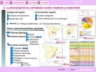 INICIO

PRESENTACIÓN

RECURSOS

GEOGRAFÍA
TEMA 10

INTERNET

3.- La diversidad de las actividades rurales: tradición y modernidad
Inconvenientes regadío

Ventajas del regadío
Cultivos de exportación

Costes ecológicos

Desarrollo rural

Crea conflictos por el uso del agua

Secano

Trilogía mediterránea

Técnica del barbecho

Ampliación

Usos y aprovechamientos agrícolas
Tierras labradas
Cultivos leñosos

Cultivos herbáceos

Olivar
Viñedo Doc.19
Almendros
Avellanos
Algarrobos

Cereales Doc.20
Plantas forrajeras
Cultivos industriales
Leguminosas
Hortalizas Alta tecnificación
Patatas
Frutales Cítricos

Ampliación

Ampliación

Ampliación

Ampliación

No cítricos
ANTERIOR

SALIR

Santillana

 