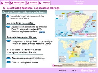 INICIO

PRESENTACIÓN

RECURSOS

GEOGRAFÍA
TEMA 10

INTERNET

6.- La actividad pesquera. Los recursos marinos
Factores físicos: regiones y caladeros
Los caladeros son las zonas donde hay
abundancia de pesca

Los caladeros nacionales
Aguas desde la costa hasta las 200 millas
Zona Económica Exclusiva (ZEE)
Diversas regiones marítimas Doc.49
Ampliación

Los caladeros comunitarios
Integrada en la Europa Azul, donde se asignan
cuotas de pesca. Política Pesquera Común

Los caladeros en terceros países
o en aguas no comunitarias
Acuerdos pesqueros entre gobiernos
Creación de empresas mixtas
Ampliación

ANTERIOR

SALIR

Santillana

 