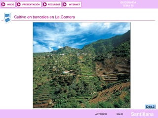 INICIO

PRESENTACIÓN

RECURSOS

GEOGRAFÍA
TEMA 10

INTERNET

Cultivo en bancales en La Gomera

Doc.3
ANTERIOR

SALIR

Santillana

 