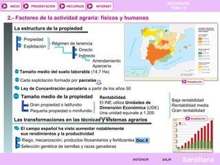 INICIO

PRESENTACIÓN

RECURSOS

GEOGRAFÍA
TEMA 10

INTERNET

2.- Factores de la actividad agraria: físicos y humanos
La estructura de la propiedad
Propiedad

Régimen de tenencia
Directo
Indirecto
Arrendamiento
Aparcería
Tamaño medio del suelo laborable (14,7 Ha)
Explotación

Cada explotación formada por parcelas

Ampliación

Ley de Concentración parcelaria a partir de los años 50

Tamaño medio de la propiedad

Rentabilidad.
El INE utiliza Unidades de
Gran propiedad o latifundio
Dimensión Económica (UDE)
Pequeña propiedad o minifundio
Una unidad equivale a 1.200
euros
Las transformaciones en las técnicas y sistemas agrarios

Baja rentabilidad
Rentabilidad media
Gran rentabilidad
Ampliación

El campo español ha visto aumentar notablemente
sus rendimientos y la productividad
Riego, mecanización, productos fitosanitarios y fertilizantes Doc.9
Selección genética de semillas y razas ganaderas
ANTERIOR

SALIR

Santillana

 